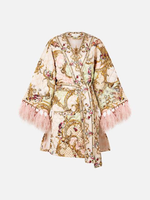 CAMILLA LAYER WITH TIE BELT AND FEATHERS