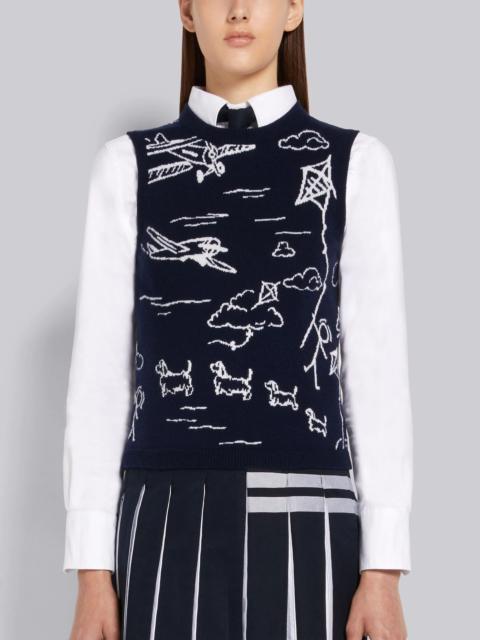 Navy Sky Toile Intarsia Cashmere Silk Lined Shell Top