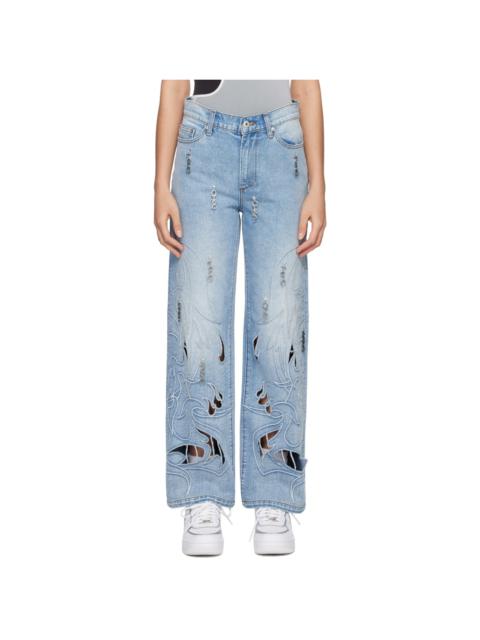 FENG CHEN WANG Blue Phoenix Cutout Jeans