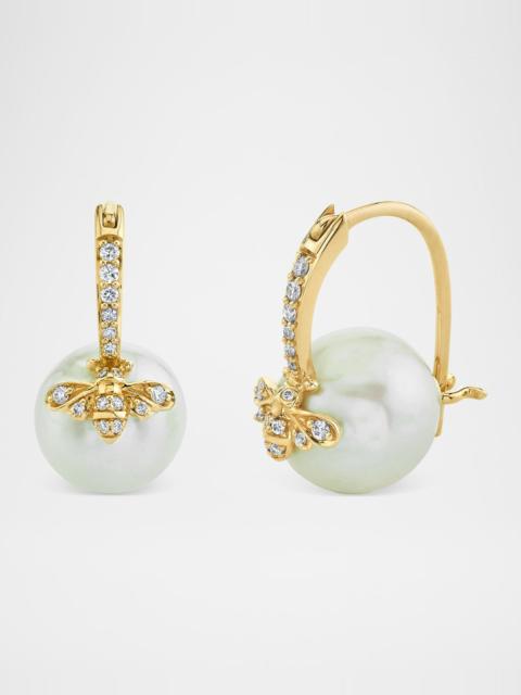 SYDNEY EVAN 14K Gold and Diamond Bee Charm on 10mm Freshwater Pearl Earrings