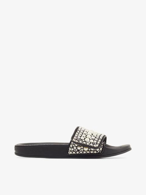 JIMMY CHOO Fitz/F
Black Canvas and Leather Slides with Pearls