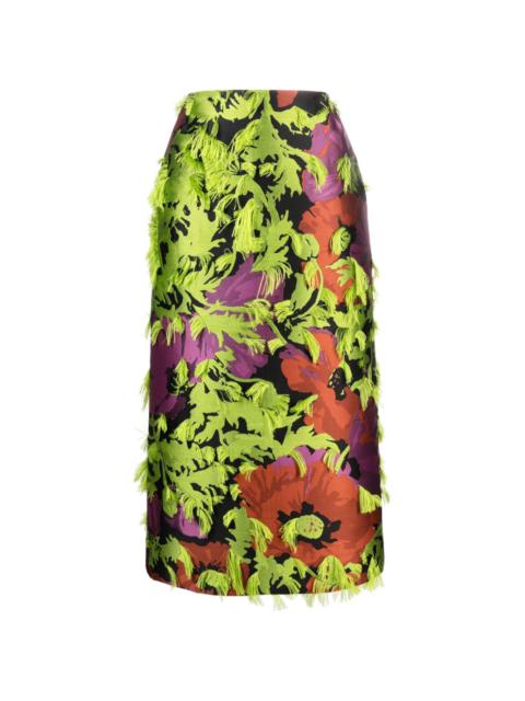 floral pattern-jacquard frayed midi skirt