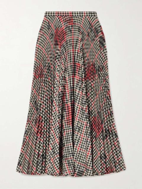 Pleated floral-print checked tweed midi skirt