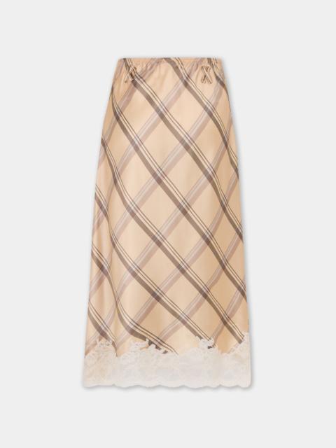 rabanne MIDI SKIRT IN BEIGE TARTAN PRINT SILK SATIN WITH LACE TRIM