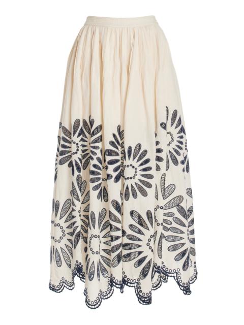 ULLA JOHNSON Annisa Embroidered Cotton-Linen Midi Skirt multi