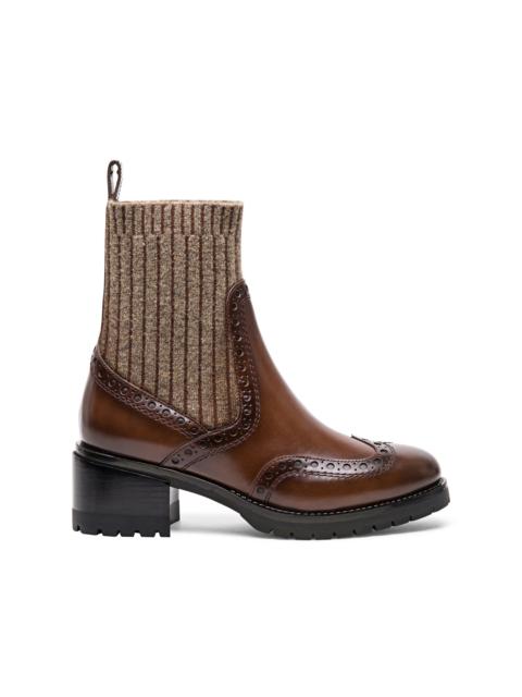 Santoni Women’s brown leather low-heel brogue sock-style ankle boot