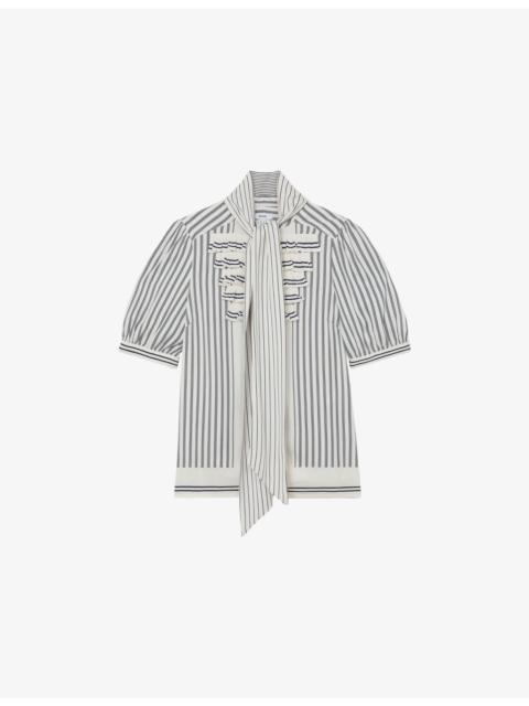REISS Ischia Ruffle-Neck Striped Woven Blouse