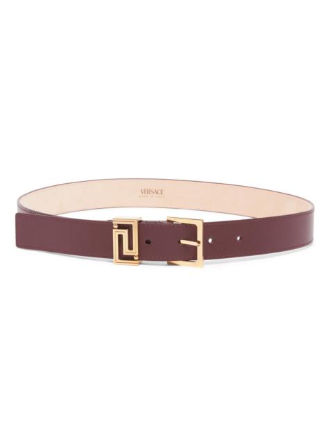 VERSACE Women's Leather Greek Key Logo Belt - Dark Burgundy Gold