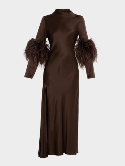 LAPOINTE Feather-Trim Satin Maxi Dress