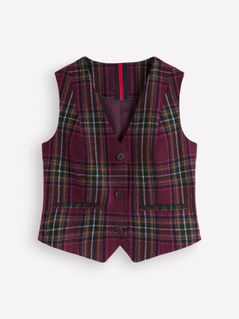 BODEN V Neck Wool Blend Waistcoat-Maroon and Olive Check