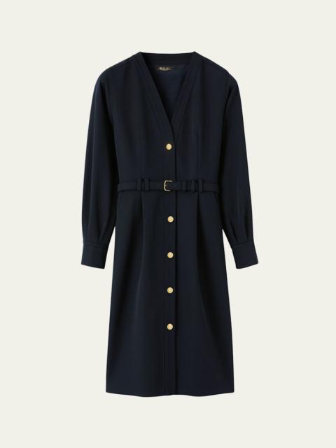 Loro Piana Gladys Button-Front Belted Wool Crepe Dress