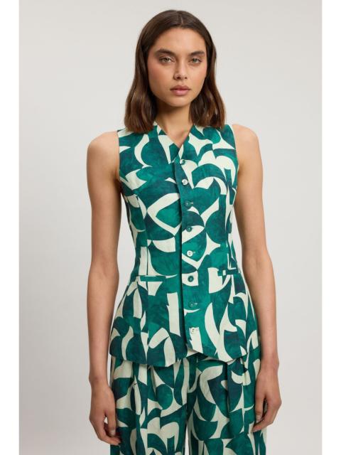 KAREN MILLEN Viscose Linen Geo Print Woven Longline Waistcoat