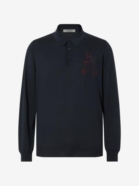 CORNELIANI Navy button-up embroidered silk and cotton polo shirt