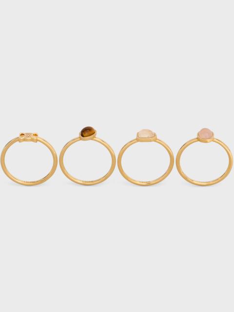Triomphe Indie Set of 4 Rings in Brass with Gold Finish, Rutilated Quartz, Pink Quartz and Tiger Eye
