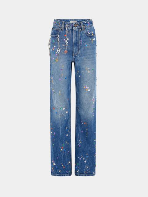 rabanne DENIM JEANS WITH MULTICOLORED RHINESTONES