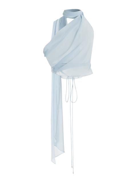 LaQuan Smith Scarf-Detailed Silk Top blue