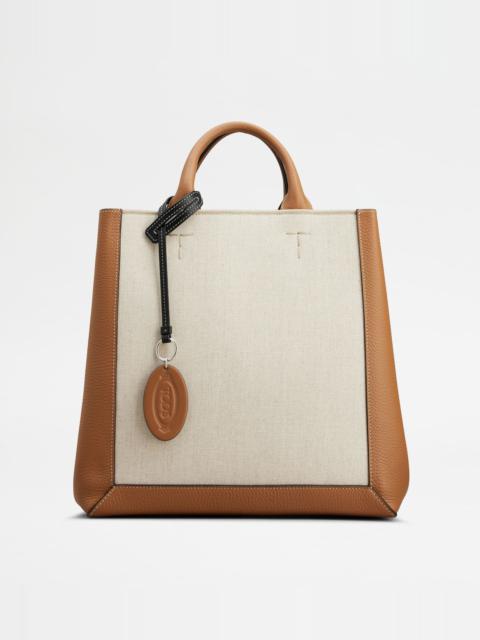 TOD'S DOUBLE UP SHOPPING BAG IN LEATHER AND CANVAS MEDIUM - BROWN, OFF WHITE