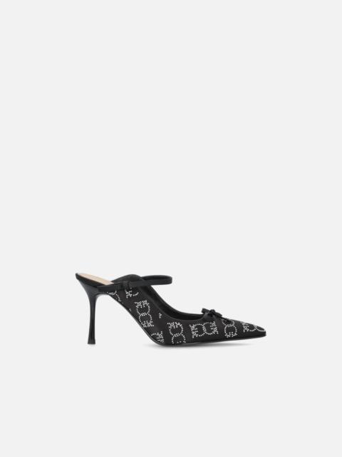PINKO RHINESTONED SATIN SLIP-ONS WITH HEEL