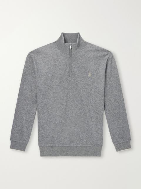 Brunello Cucinelli Logo-Embroidered Cashmere Half-Zip Sweater Gray