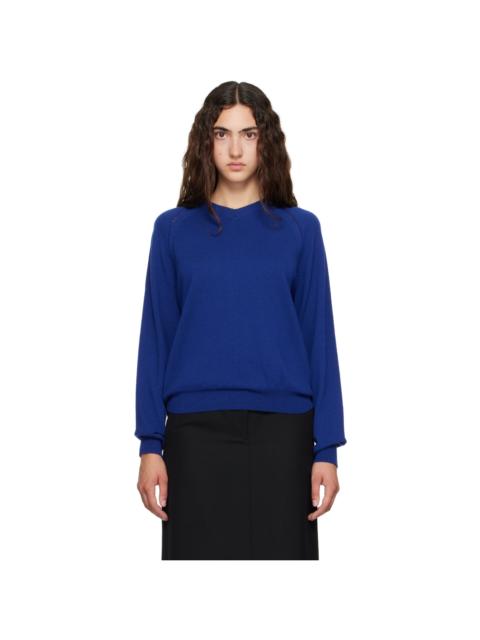 Tonywack Blue Super Fine Merino Wool Distressed V-Neck Sweater