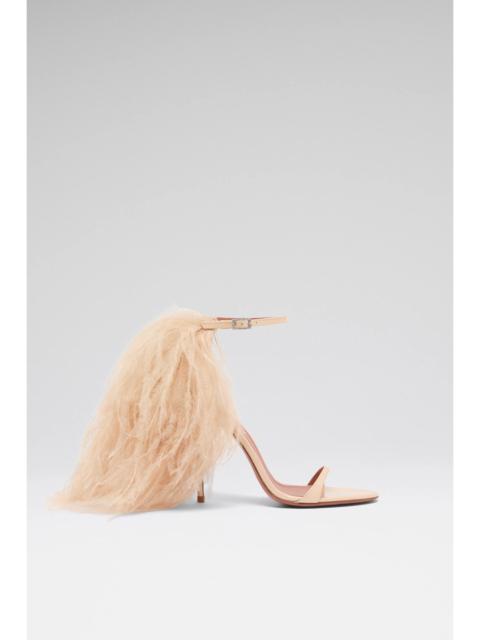 Amina Muaddi JERRY SANDAL 105 PEARLY CHAMPAGNE PATENT AND CHAMPAGNE FEATHERS