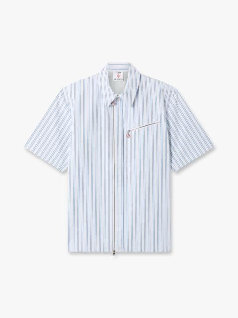 CASABLANCA White & Blue Striped Nylon Short Sleeve Shirt