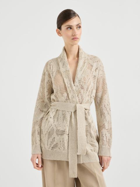 Brunello Cucinelli Dazzling water lillies belted cardigan in linen and cotton