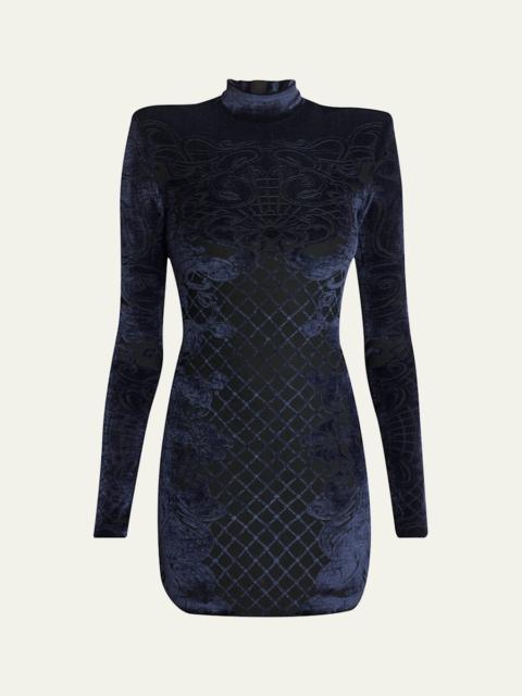 Balmain Baroque Velvet Strong-Shoulder Long-Sleeve Mini Dress