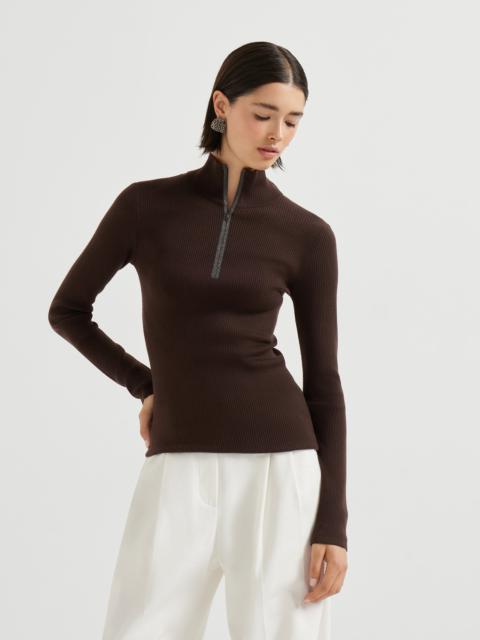 Brunello Cucinelli Virgin wool and cashmere rib lightweight turtleneck sweater with precious half zip
