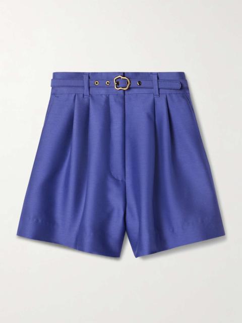 Natura belted pleated wool and silk-blend shorts