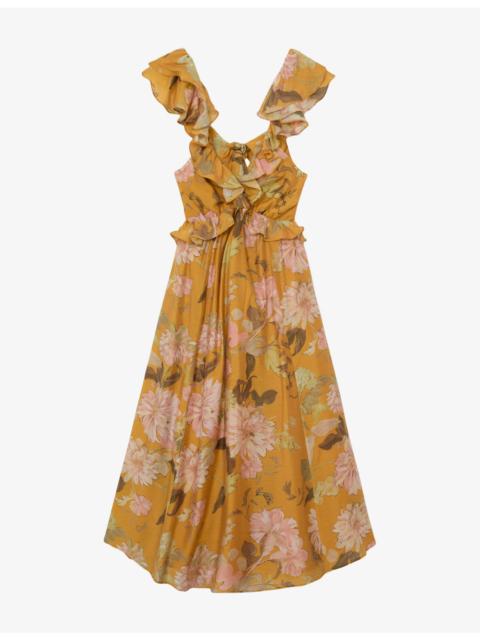 REISS Lucy Floral-Print Woven Midi Dress