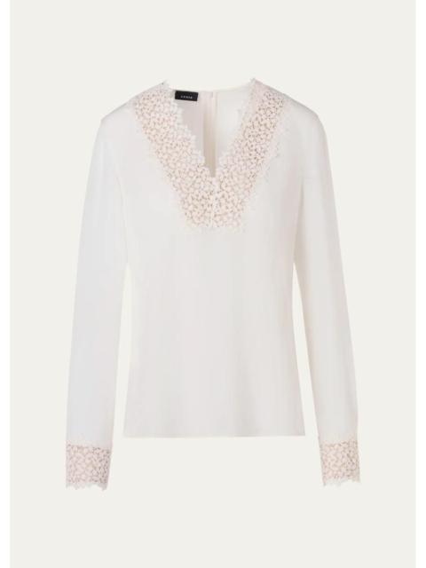 AKRIS Lace V-Neck Long-Sleeve Blouse