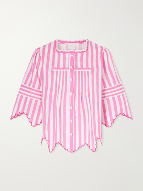 LORETTA CAPONI Matilde Scalloped Shirred Striped Cotton Shirt