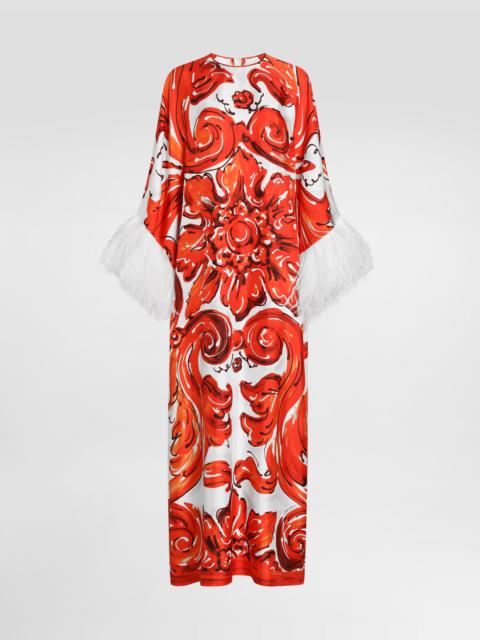 Dolce & Gabbana Majolica-print long kaftan dress with feather trim