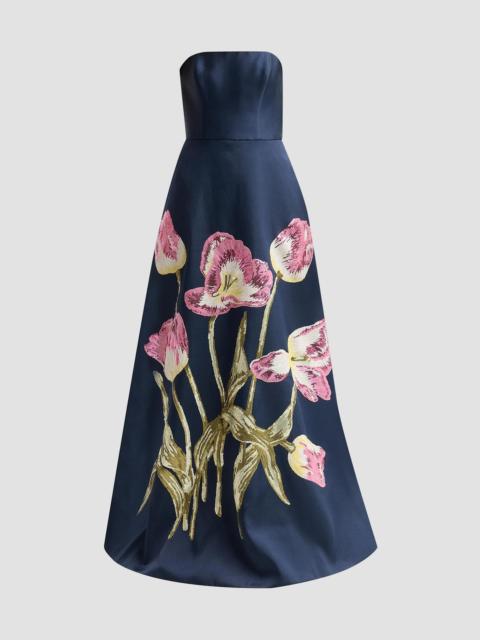 AMSALE Women's Brocade Strapless Watteau Gown - Navy