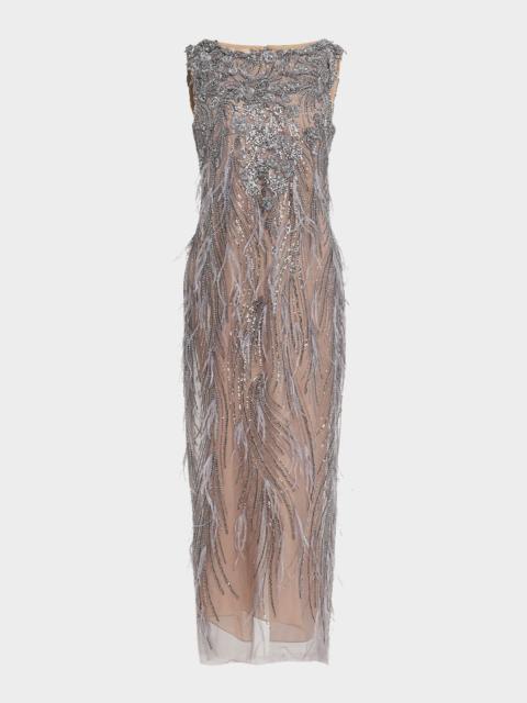 Marchesa Beaded Ostrich-Feather Embroidered Cocktail Dress