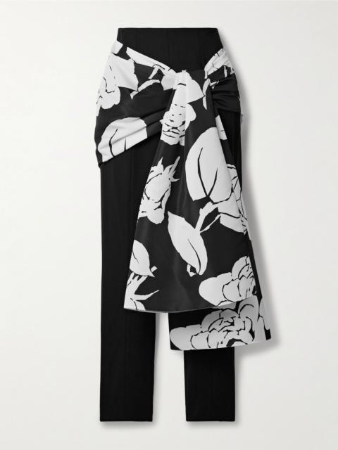 CAROLINA HERRERA Draped floral-print faille and crepe slim-leg pants Black