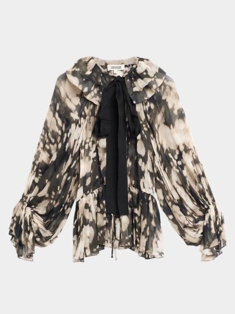 CHRISTOPHER JOHN ROGERS Ocelot Print Crinkle Chiffon Ruffled Bow-Neck Blouse