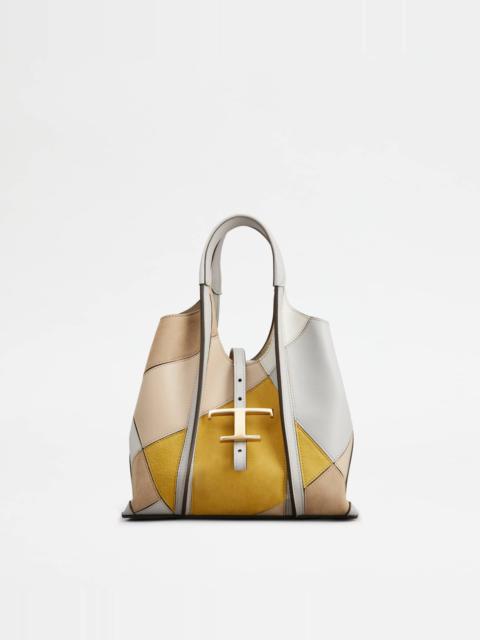 Tod's T TIMELESS SHOPPING BAG IN LEATHER MINI - BEIGE, YELLOW, GREY