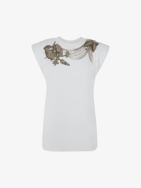 Alexander McQueen Embroidered Lilypad T-shirt in Silver/grey