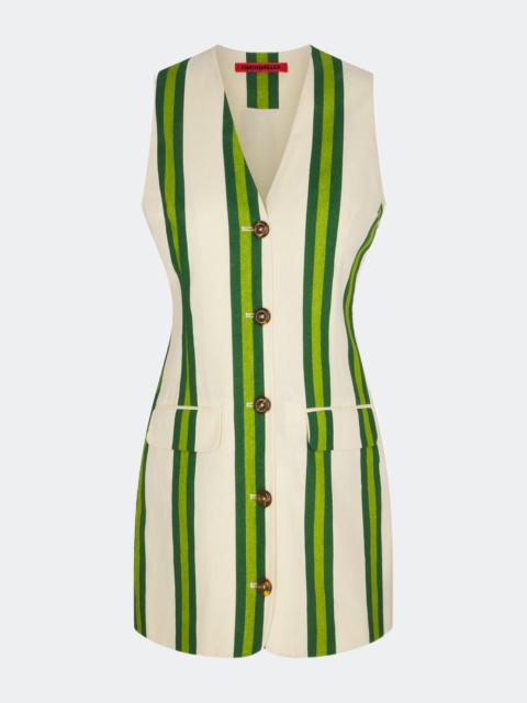 SIMONMILLER Carob Printed Linen Mini Dress in Cream/Green Stripe