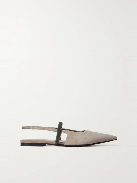 Brunello Cucinelli Bead-embellished suede slingback point-toe flats