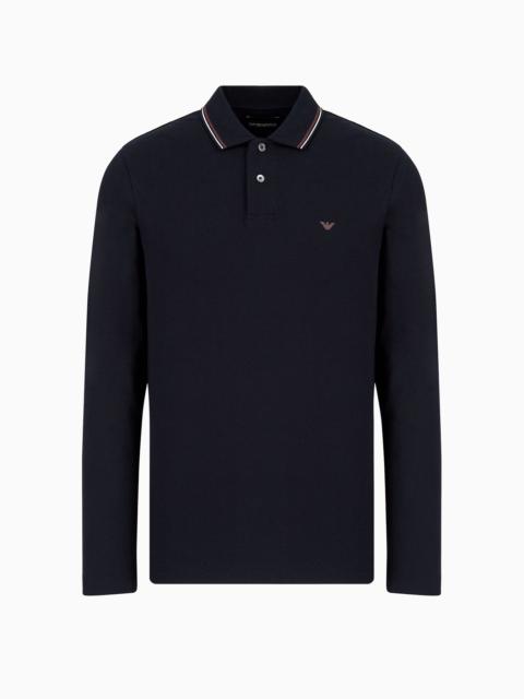 Long-sleeved stretch piqué polo shirt with micro eagle embroidery