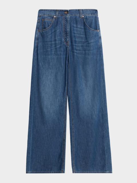 Brunello Cucinelli Lightweight Denim Wide-Leg Jeans With Monili Trim