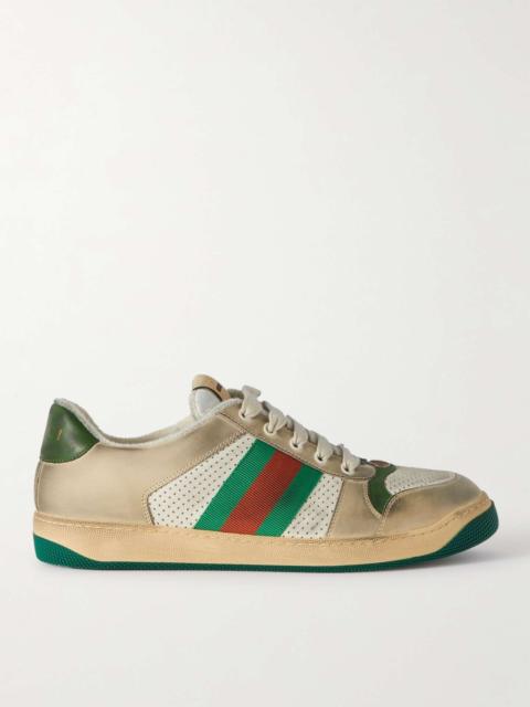 GUCCI Virtus Distressed Crystal-Embellished Leather and Webbing Sneakers