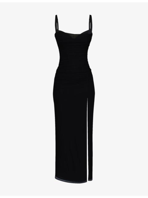 House of CB Lini Corset-Bodice Stretch-Mesh Maxi Dress