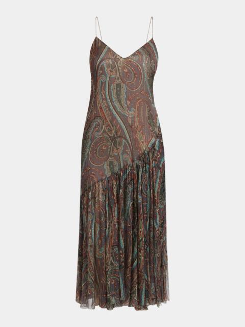 Etro Metallic Paisley Silk Ruffle Midi Slip Dress