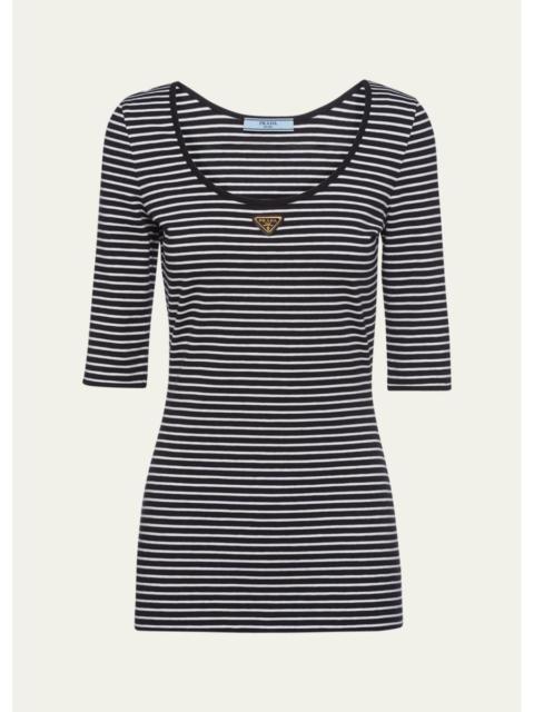 Prada Stripe Three-Quarter Sleeve Jersey Top