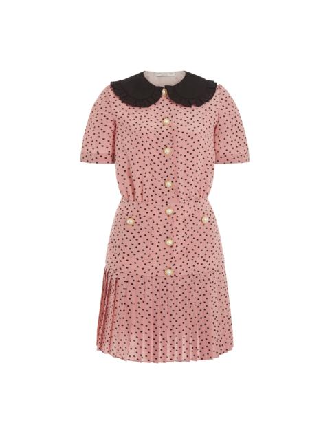 Alessandra Rich HEART PRINT SILK PLEATED MINI DRESS WITH COLLAR