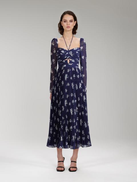 self-portrait Pansy Print Chiffon Cut Out Midi Dress